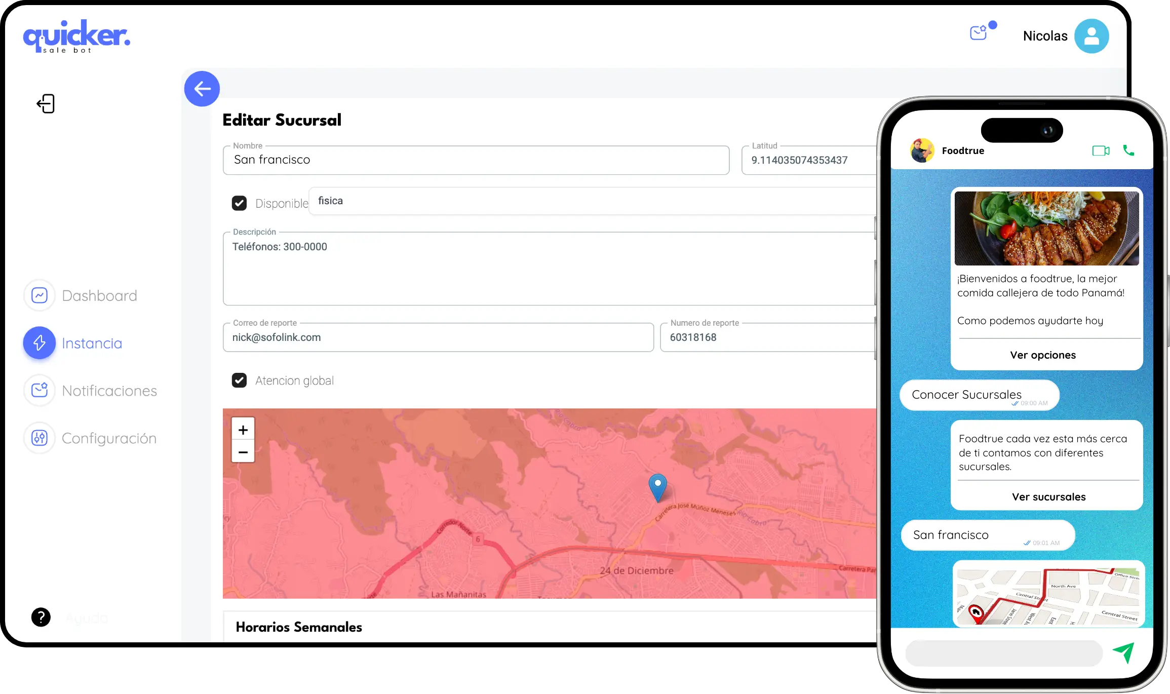 Sucursales y horarios en Quickerbot